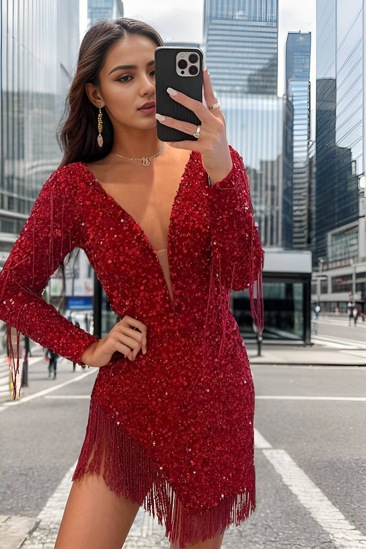 Sparkly Dark Red Sequined Long Sleeves Tight Short Homecoming Dress with Fringes