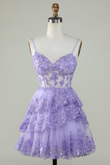 Sparkly Pink Corset Top Spaghetti Straps A-Line Lace Short Homecoming Dress