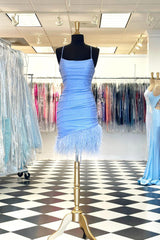 Glitter Light Blue Feathered Tight Short Homecoming Dress