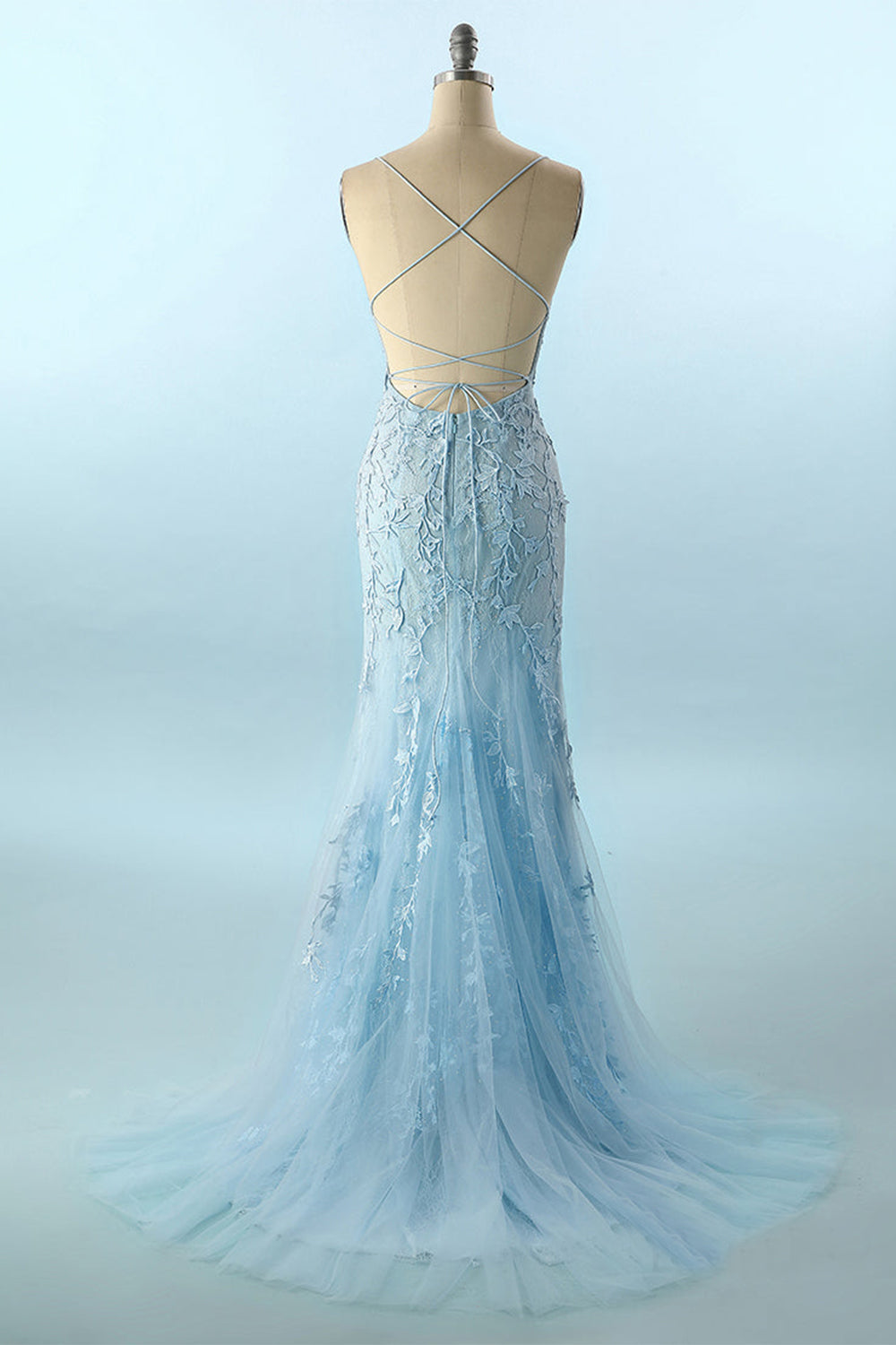 Blue Spaghetti Straps Backless Appliques Prom Dress