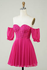 A-Line Fuchsia Corset Chiffon Short Homecoming Dress with Lace