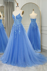 Blue A Line Tulle Long Prom Dress With Appliques