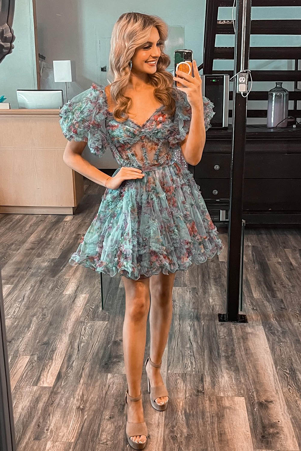 Off the Shoulder Homecoming Dress with Floral Print