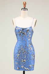 Sparkly Blue Sequined Beaded Backless Tight Short Homecoming Dress