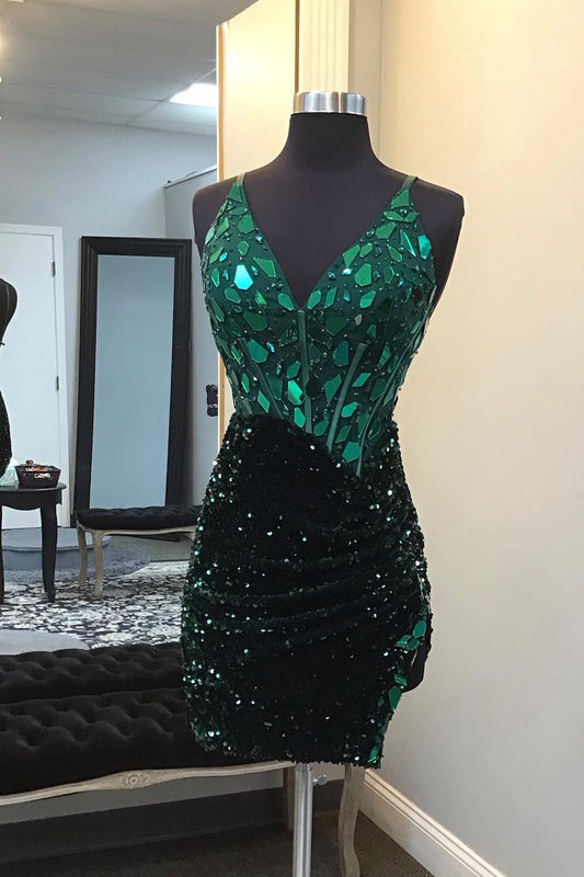 Sparkly Dark Green Sequins Mirror Tight Short Homecoming Dress