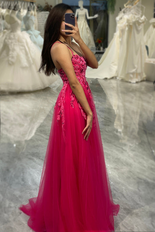 A Line Fuchsia Tulle Long Appliqued Prom Dress