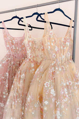 Champagne A Line Long Corset Prom Dress With Appliques