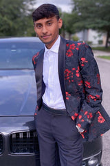 Unique Flower Black Print Shawl Lapel Party Blazer for Men