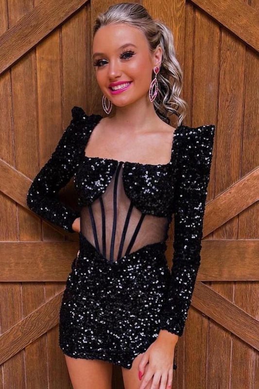 Sparkly Black Corset Long Sleeves Sequins Tight Short Homecoming