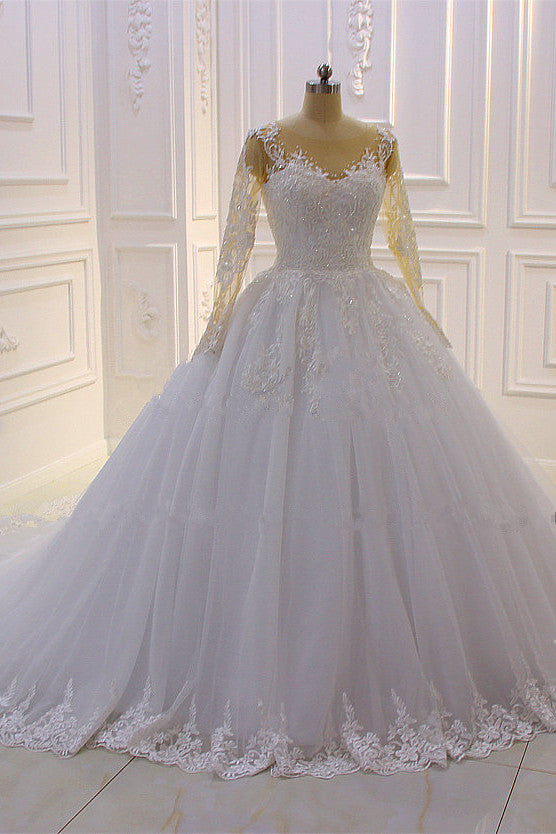 Bateau Long Sleeve Lace A-Line Wedding Dress with Pearls and Tulle Appliques