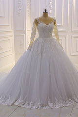 Bateau Long Sleeve Lace A-Line Wedding Dress with Pearls and Tulle Appliques