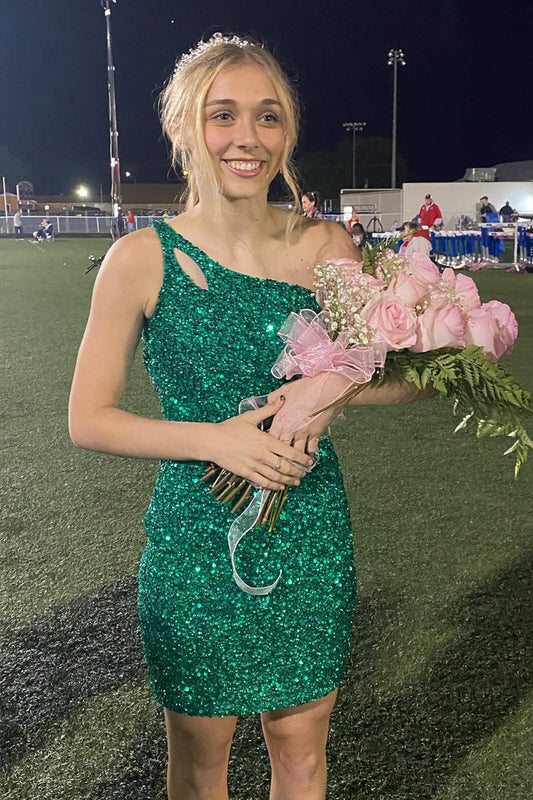 Sparkly Green One Shoulder Sequins Homecoming Dress