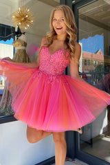 Fuchsia Orange Homecoming Dress Tulle Spaghetti Straps Party Dress with Appliques