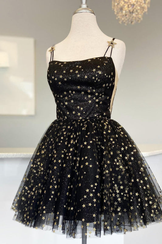 Sparkly Black Sequins Stars A-Line Short Homecoming Dress