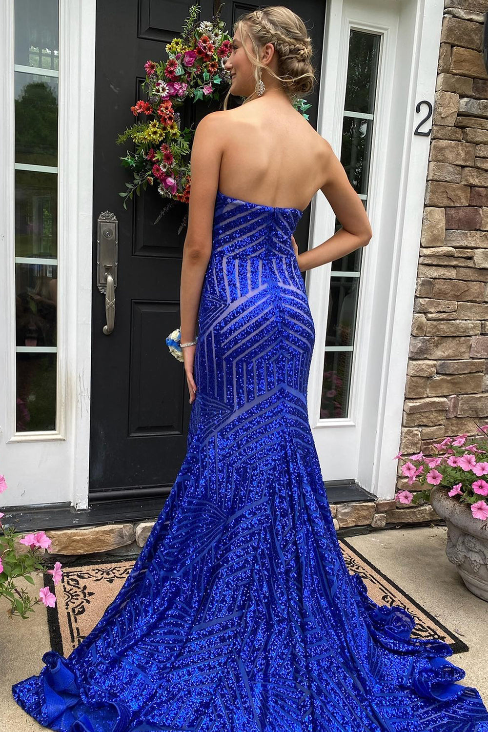 Sky Blue Sequins Strapless Long Prom Dress