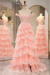 Glitter Blush Tiered A-Line Long Prom Dress with Lace