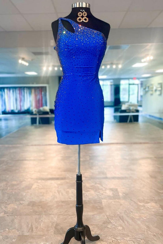 Glitter Royal Blue One Shoulder Sequins Tight Short Homecoming Dress