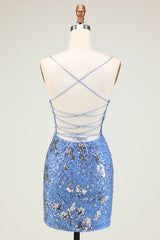 Sparkly Blue Beaded Sequins Backless Tight Homecoming Dress