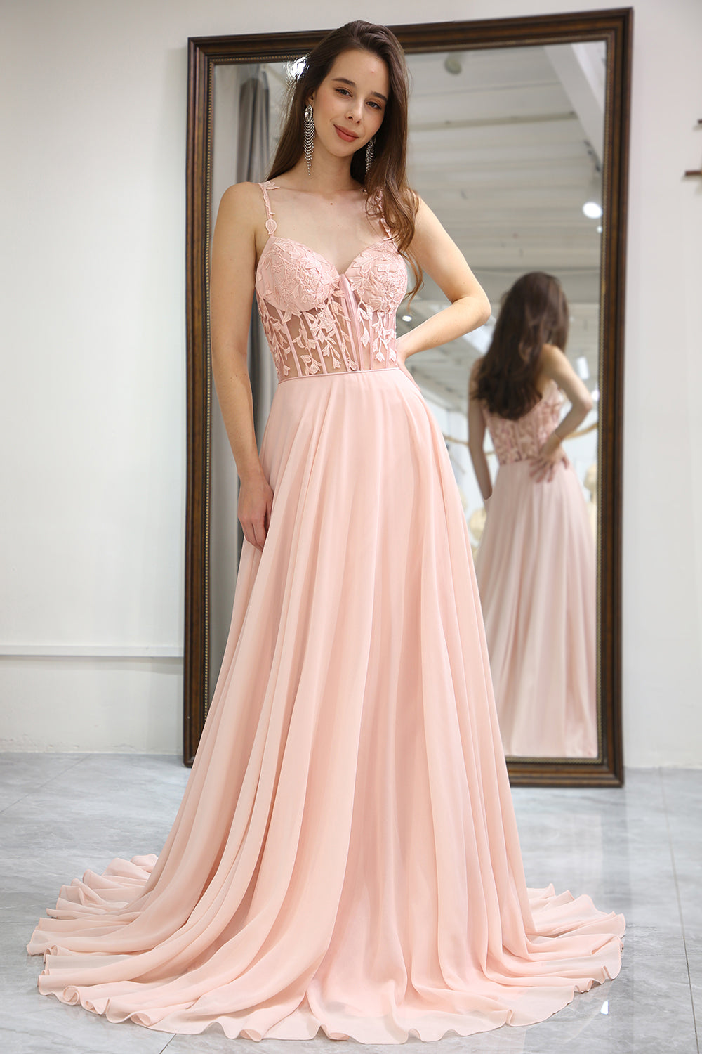 Light Pink Backless Long Corset Appliqued Prom Dress