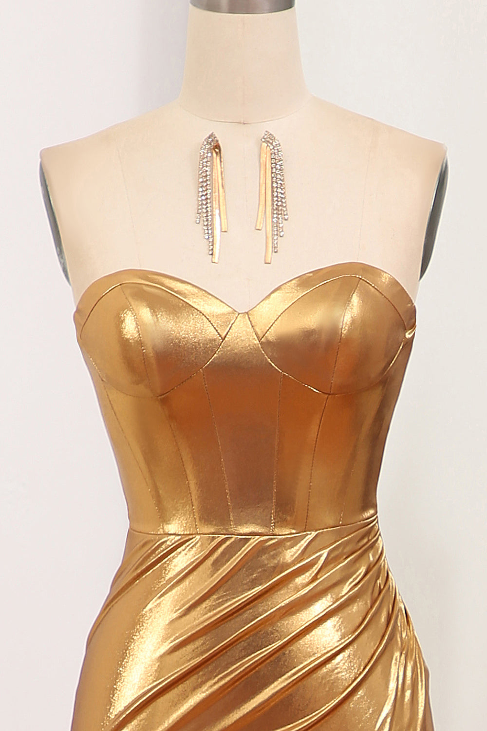 Sparkly Golden Mermaid Strapless Long Prom Dress With Slit