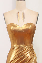 Sparkly Golden Mermaid Strapless Long Prom Dress With Slit