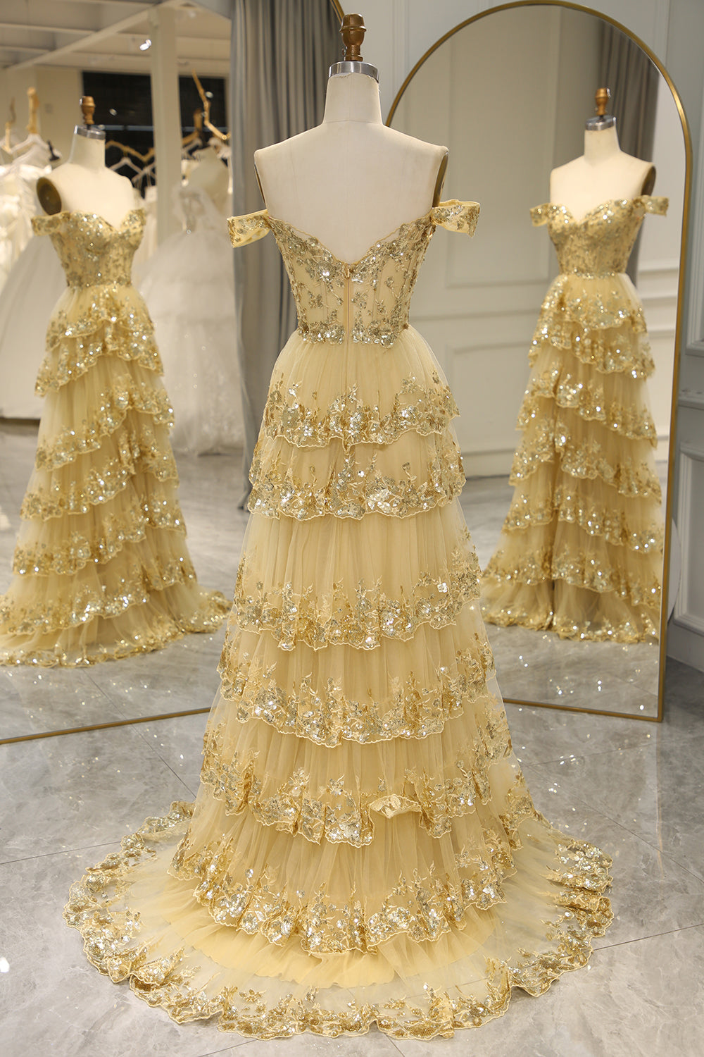 Glitter Golden Tiered A-Line Long Prom Dress with Lace