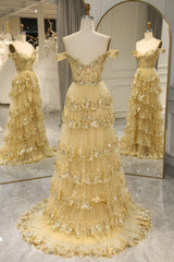 Glitter Golden Tiered A-Line Long Prom Dress with Lace