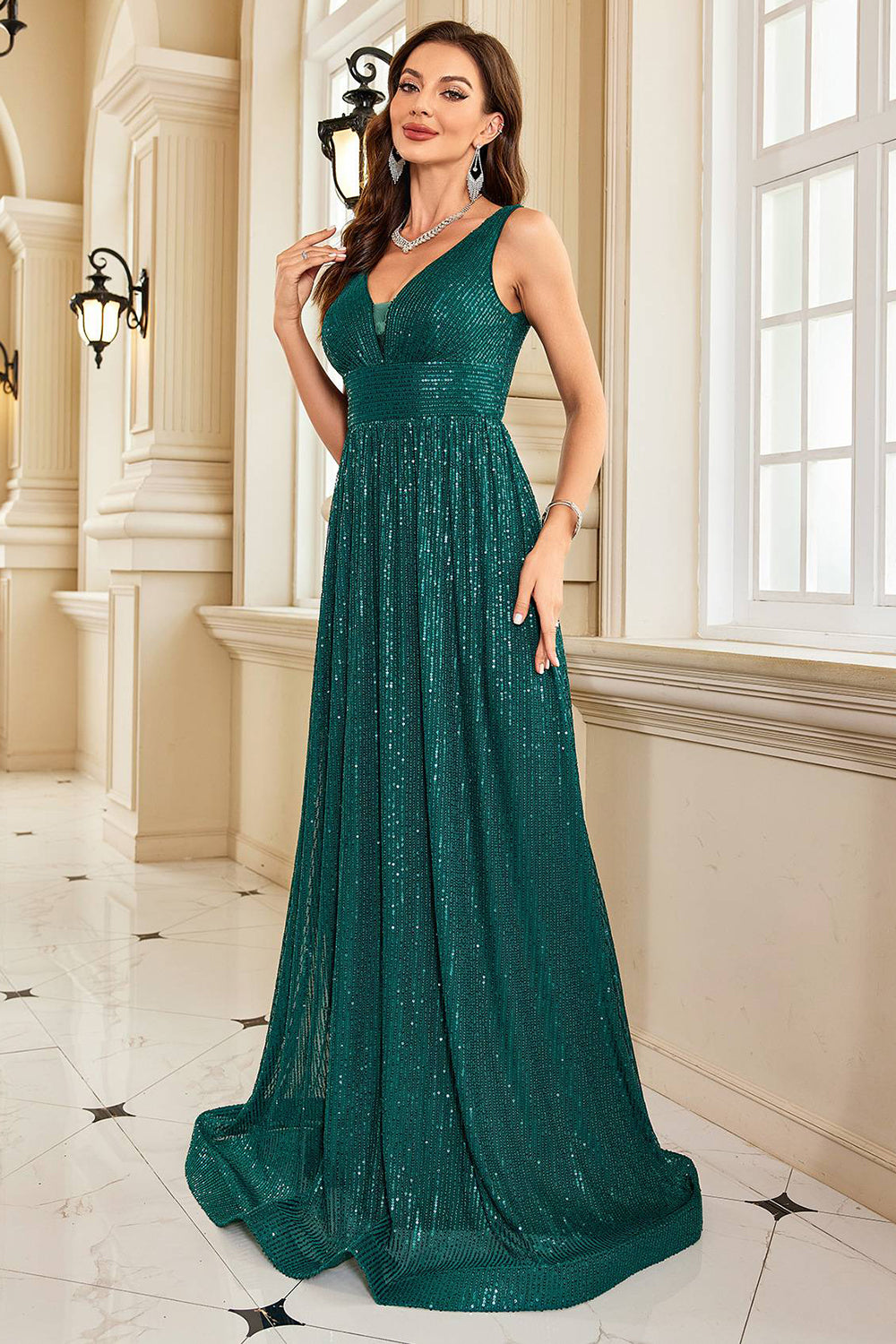 Glitter Dark Green Long Sequined Long Prom Dress