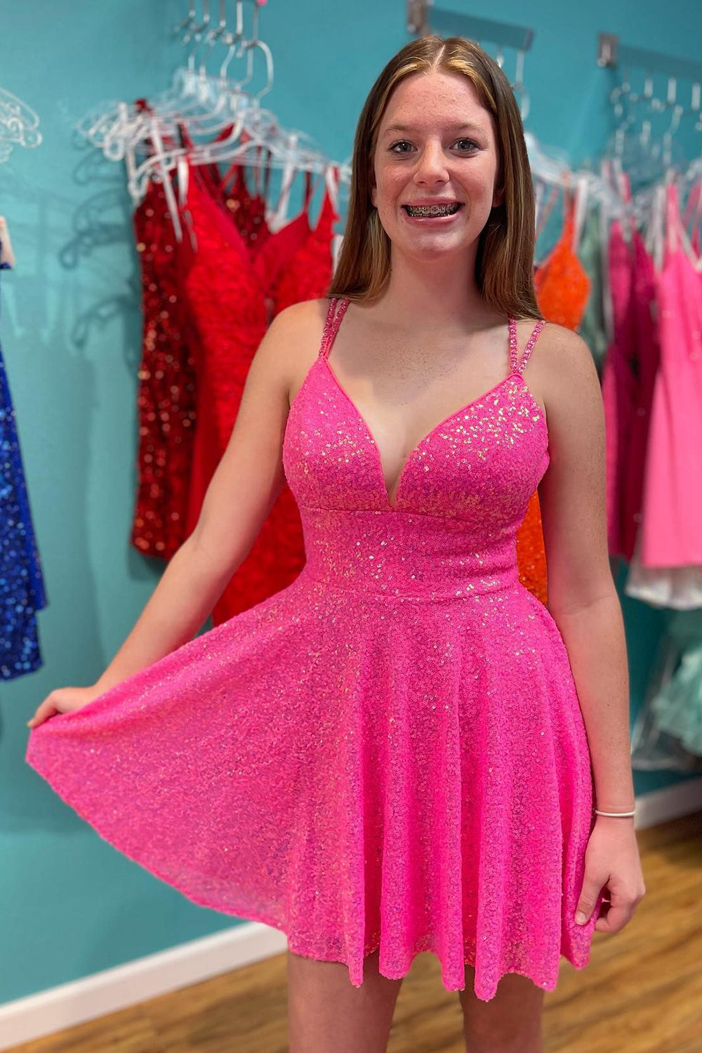 Sparkly Hot Pink Open Back Sequins A-Line Short Homecoming Dress