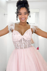 Glitter Pink A-Line Corset Tulle Short Homecoming Dress with Feathers