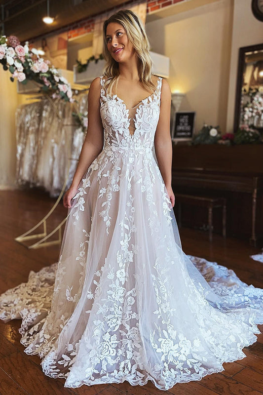 Graceful Ivory A-Line V-Neck Backless Long Lace Wedding Dress