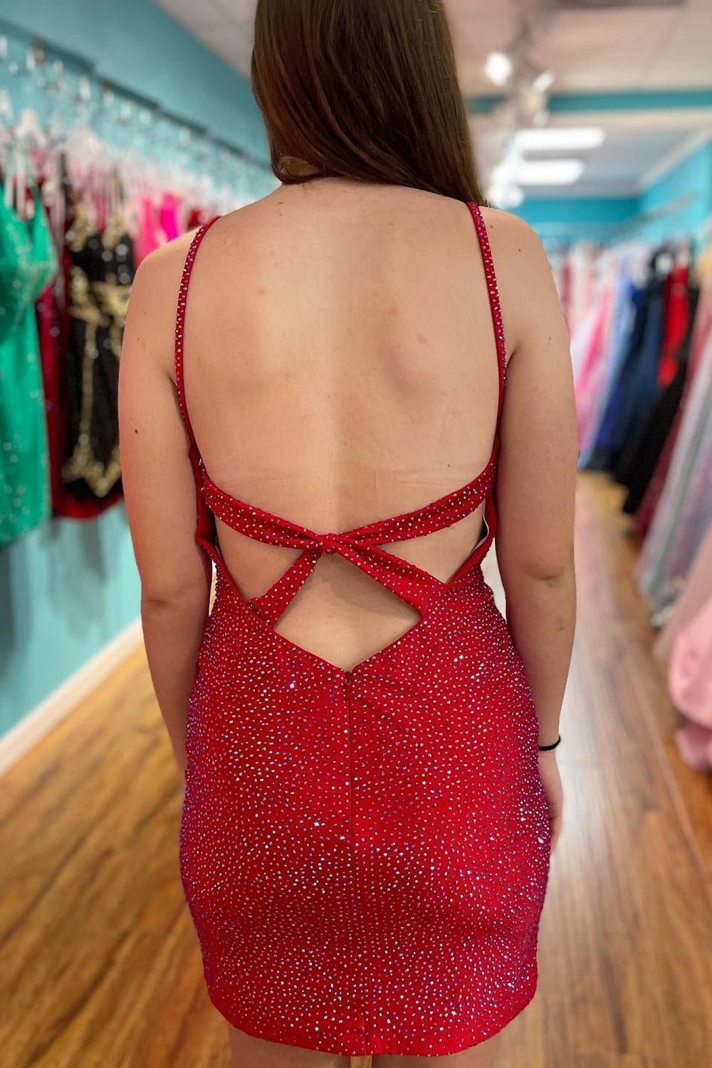 Sparkly Red Sequins Open Back Tight Short Hoco Dress