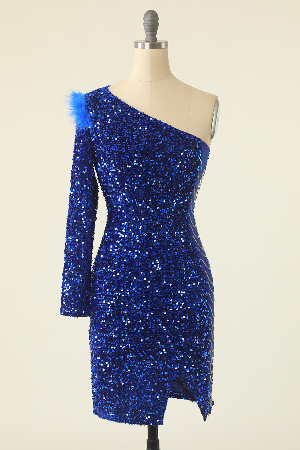 Royal Blue One Shoulder Sequined Cocktail Dress With Feathers