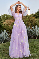 Purple V-Neck Embroidery Long Prom Dress with Sleeves