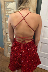 Sparkly Burgundy A-Line Backless Short Hoco Dress with Pockets