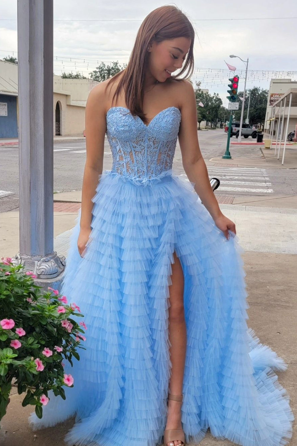 Blue A Line Tiered Sweetheart Long Corset Prom Dress