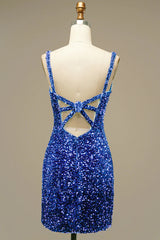 Sparkly Royal Blue V-Neck Open Back Sequins Tight Short Homecoming Dress