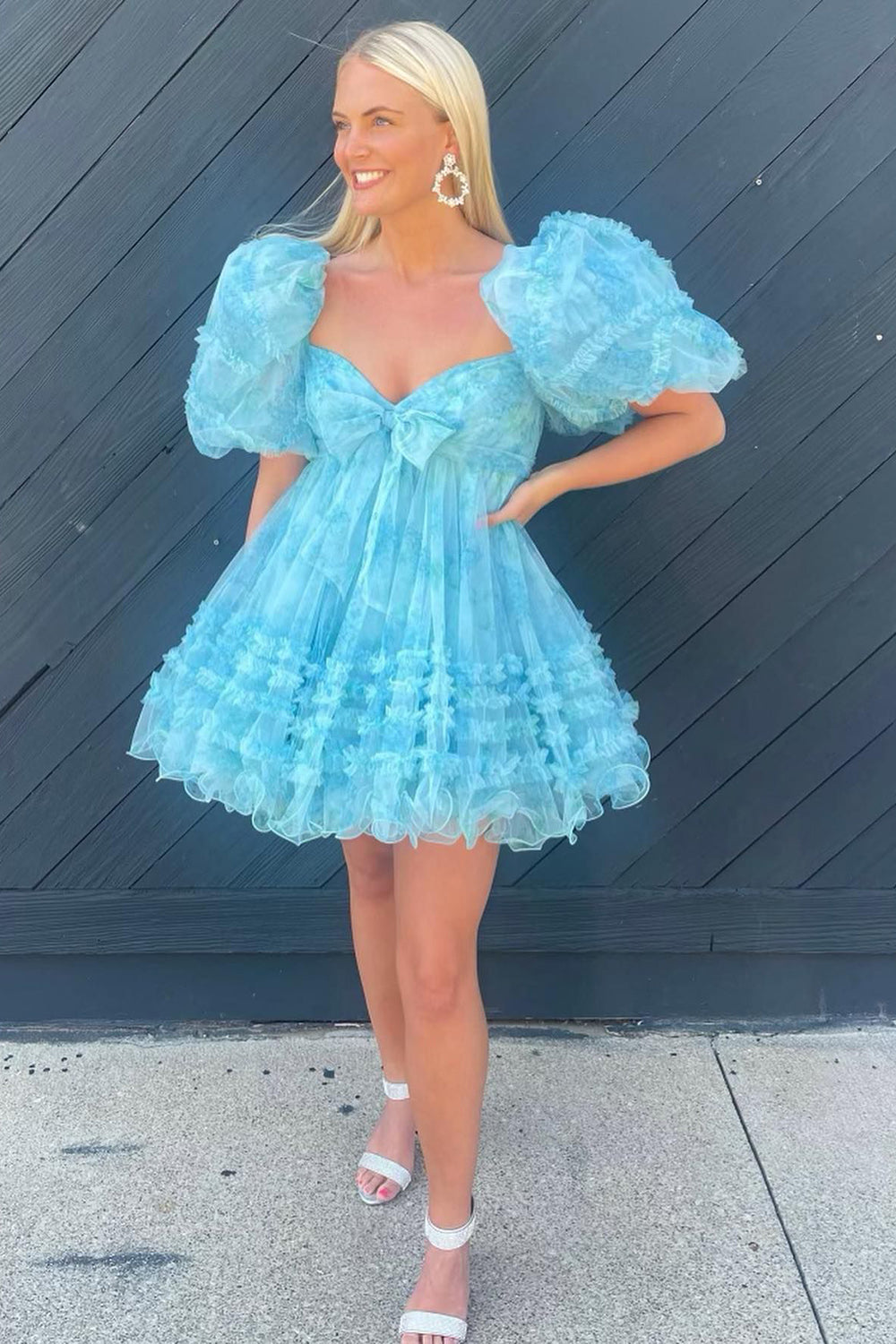 Blue Puff Sleeves A-Line Floral Short Homecoming Dress with Ruffles