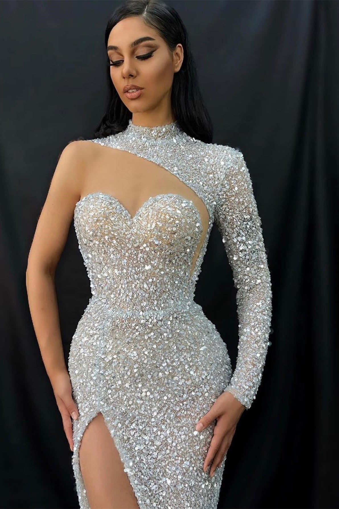 Long Sleeve One Shoulder High Collar Sweetheart Evening Dress with Split Sequins