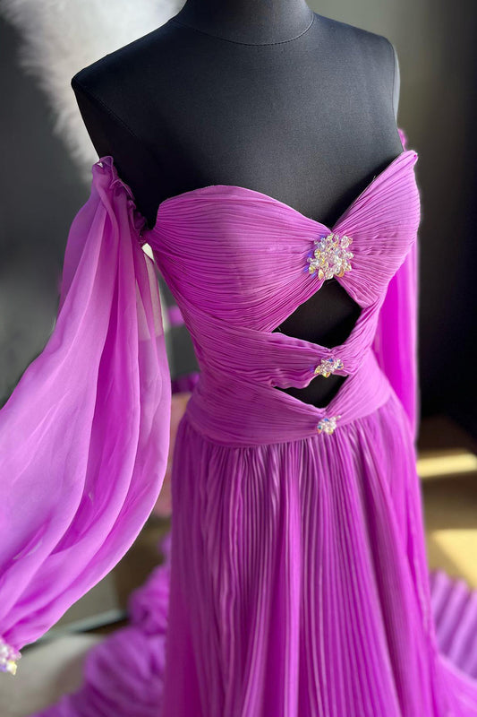 Fuchsia Detachable Sleeves Cut-Out Long Prom Dress with Beading