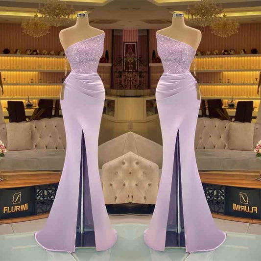 Light Purple Sequins Mermaid Prom Dress with Strapless Sleeveless Design and Slit