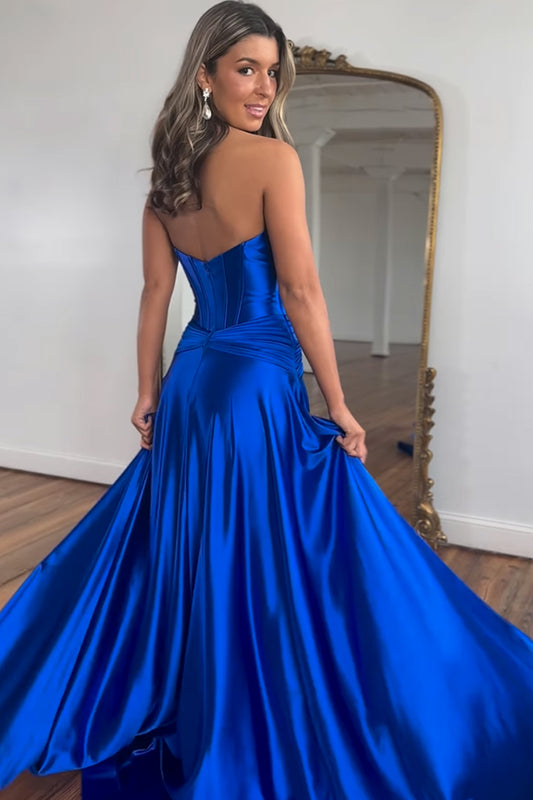 Royal Blue A-Line Corset Satin Long Prom Dress with Slit