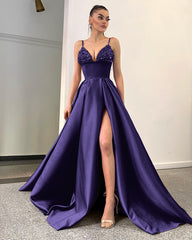 Lavender Spaghetti-Straps Sequins A-Line Evening Dress with Split