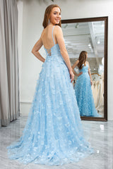 Sky Blue A Line Backless Beaded Appliques Long Prom Dress With Slit