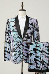 Dazzling White Sequins Two-Piece Suit with Shawl Lapel One-Button Prom Tuxedo