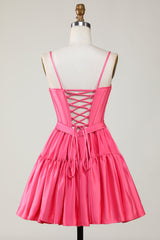 Fuchsia Spaghetti Straps Lace-Up Back A-Line Short Satin Homecoming Dress