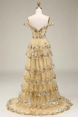 Gold Prom Dress Off The Shoulder Tiered Lace Evening Dress