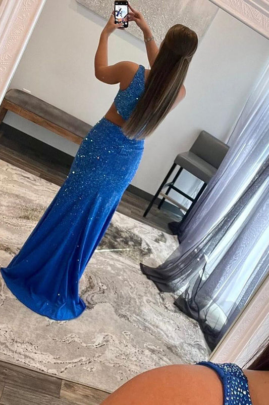 Sparkly Royal Blue One Shoulder Sheath Long Prom Dress with Slit