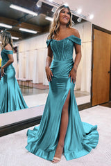 Sparkly Royal Blue Corset Detachable Neck Mermaid Long Prom Dress with Slit