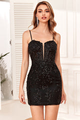 Sparkly Black Sequins Tight Short Homecoming Dress with Lace